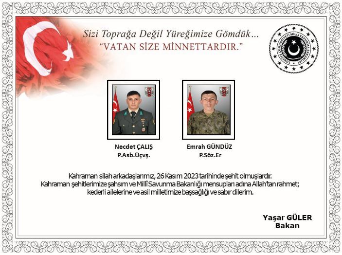 Aziz şehitlerimize Allah'tan rahmet, ailelerine sabır diliyoruz. Milletimizin başı sağ olsun.